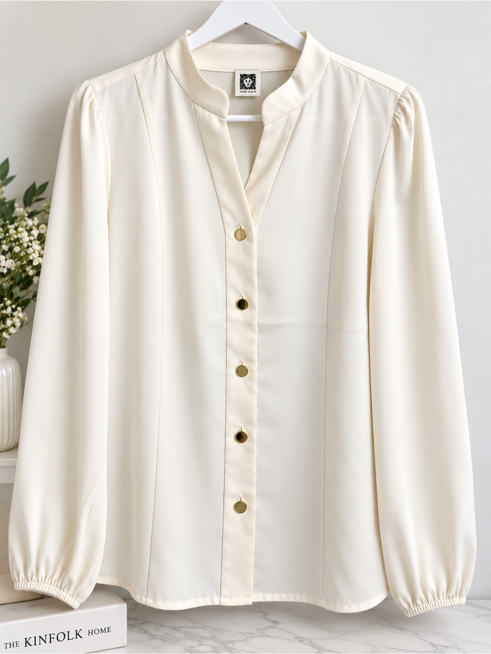 Anne Klein Cream Blouse with Gold Buttons and Mandarin Collar